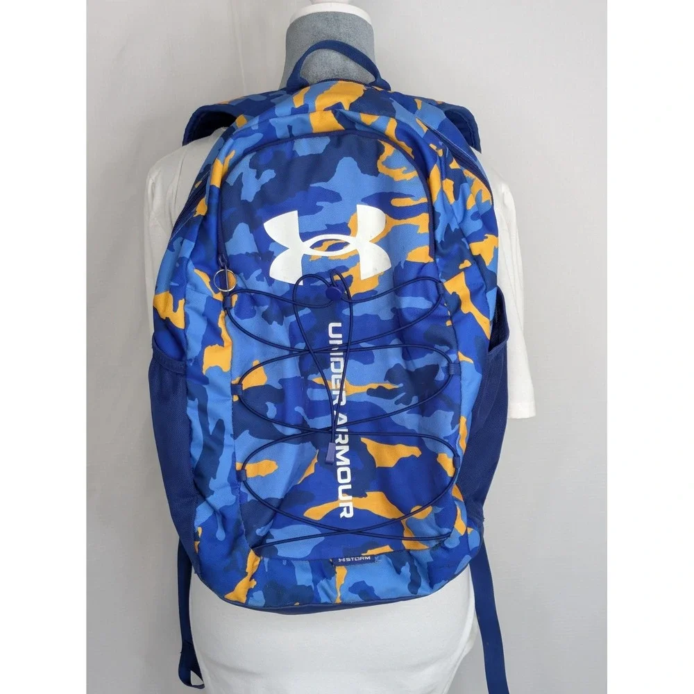 Under Armour Hustle Sport Storm Backpack Blue Yellow Camo Laptop School Travel